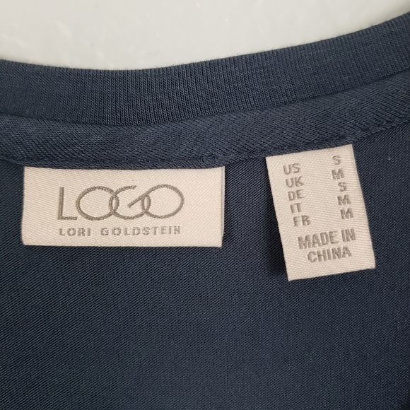 LOGO LORI GOLDSTEIN Leopard Lace Hem Long Line Top Navy Blue Sz S - Picture 5 of 6